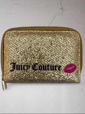 Juicy Couture Gold Glitter Cosmetic Pouch with Pink Lip Accent